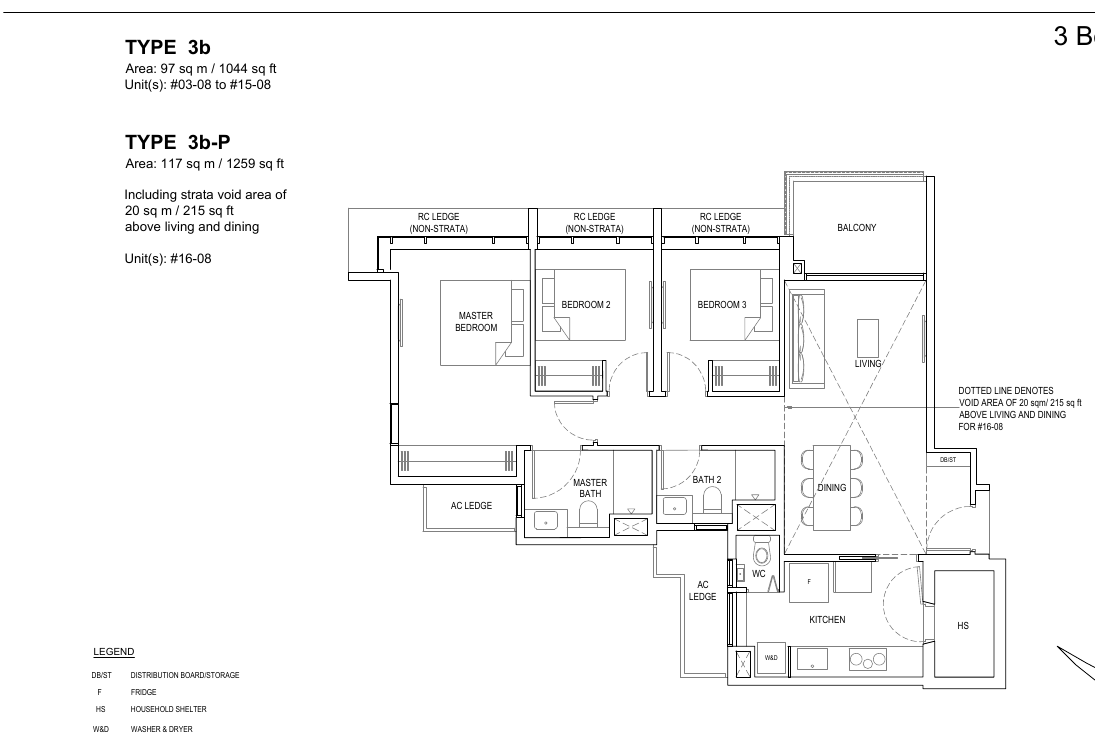 3-Bedroom Premium · Type 3b · 1,044 – 1,066 sqft (3b-P 1,259 sqft)